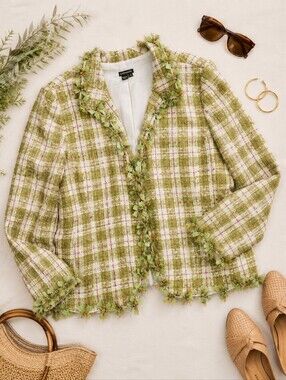 Antracite Lime Green Pink Tweed Cottage Ribbon Detail Jacket. Ladies 14